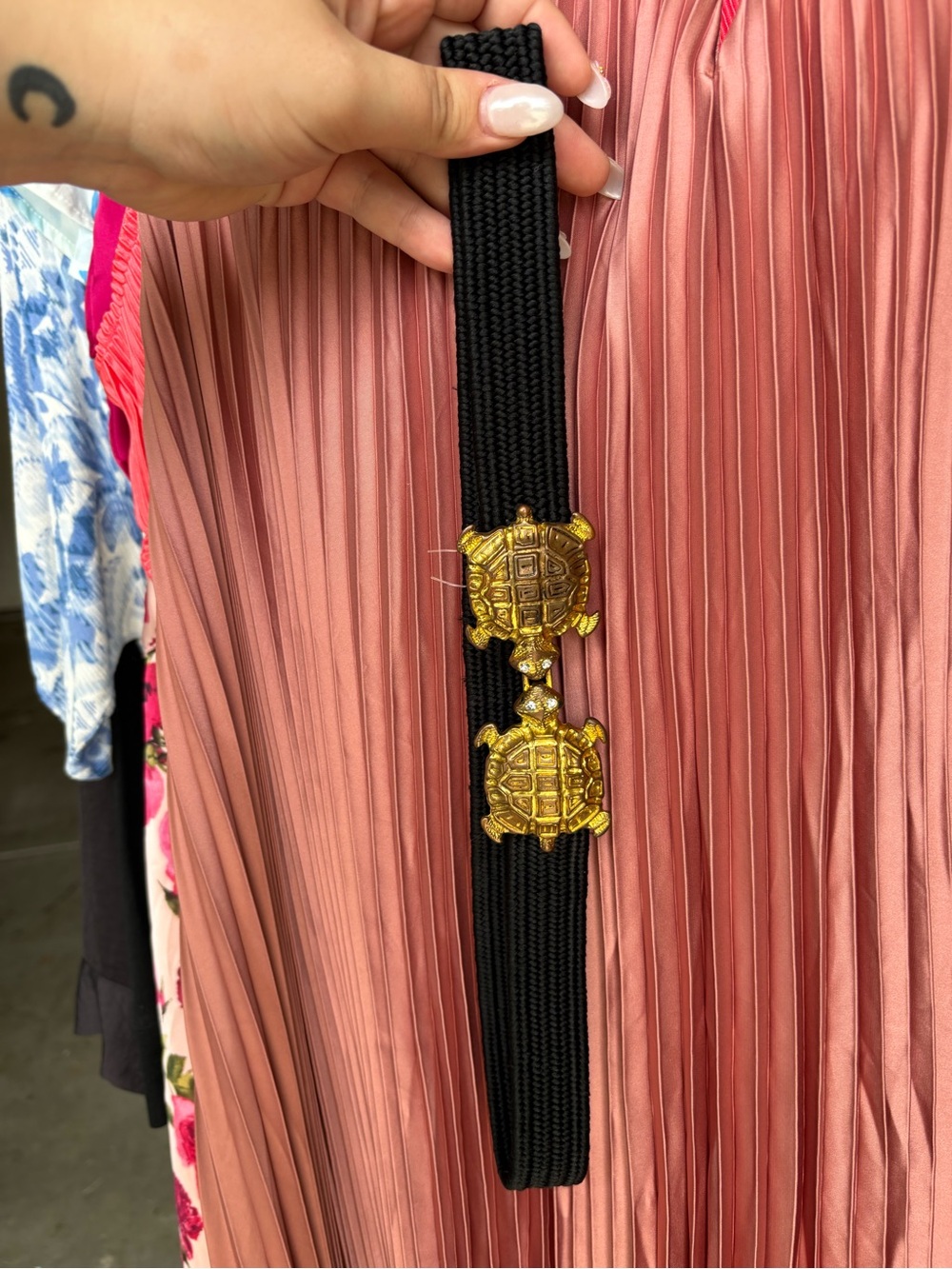 Kimchi Blue Black Elastic Belt with Gold Turtle Buckles